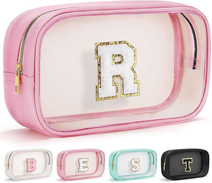 YOOLIFE Initial Travel Makeup Bag Pouch, Clear Toiletry Bag for Women Travel Accessories Cosmetic Bag Skin Care for Teen Make Up Bags Birthday Gifts for Women Unique Teacher Mom Friends Gifts Pink R