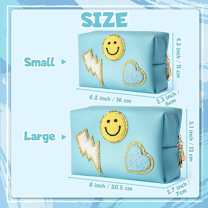LieToi Preppy Patch Cosmetic Toiletry Bag, PU Leather Portable Waterproof Makeup Bag Smile Lightning Heart Organizer Compliant Bag Daily Travel Use Storage Purse for Women Girls (Large, Canal Blue)