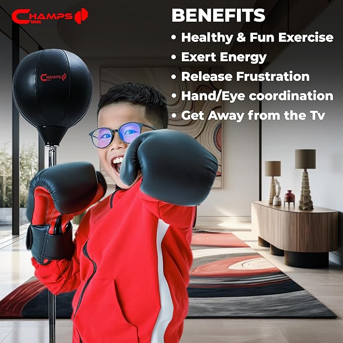 Champs MMA Boxing Freestanding Reflex Bag Dummy, Punching Bag with Stand and Gloves Set, Exercise Equipment for Agility, Hand-Eye Coordination Workout Kit