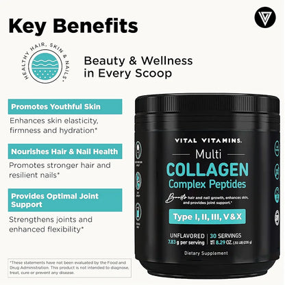 Vital Vitamins Multi Collagen Peptides Powder - Unflavored, Easy to Dissolve - Type I, II, III, V, X - for Women & Men - Promotes Hair, Skin, Nails, & Joint Health - 30 Servings