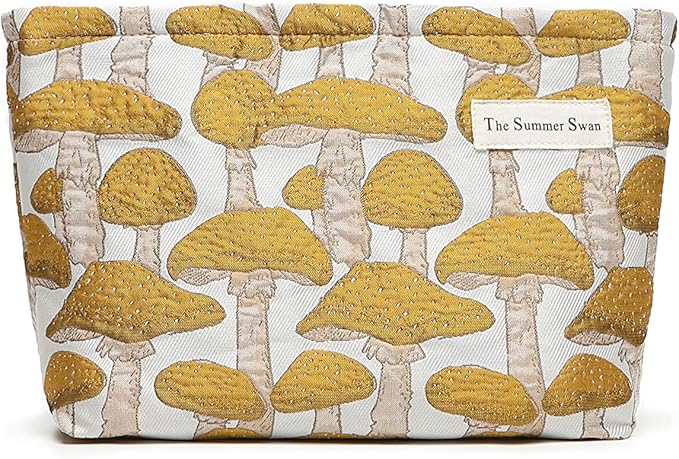The Summer Swan | Floral Cosmetic Bag｜Large Aesthetic Travel Makeup and Personal Item Pouch For Purse | Skincare Bag (Mushroom Yellow)
