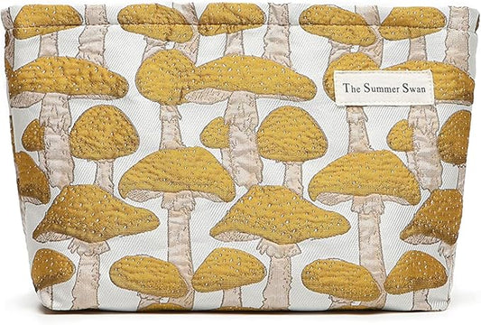 The Summer Swan | Floral Cosmetic Bag｜Large Aesthetic Travel Makeup and Personal Item Pouch For Purse | Skincare Bag (Mushroom Yellow)
