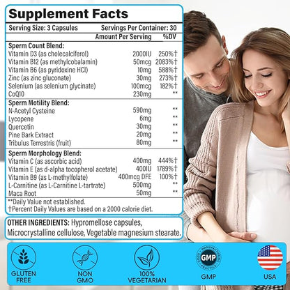 Male Fertility Supplements, Advanced Fertility Supplement for Men Optimal Sperm Count Motility & T-Level with Maca Root, Tribulus Terrestris, Zinc, CoQ10, Pre Conception for Him, 270 Caps
