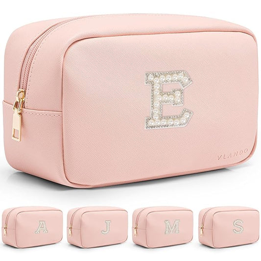 Vlando Wedding Gifts Makeup Pouch Monogram Makeup Bag Cosmetic Bag,Gift Ideas for Bridesmaid Friend Sister Wife Preppy Things for Girls Letter E