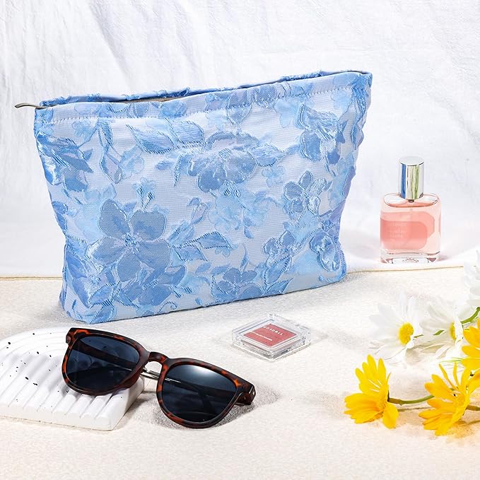Flower Makeup Bag Travel Large Floral Cosmetic Bags Cute Makeup Pouch for Purse Zipper Embossed Blue Make up Organizer Bag Portable Toiletry Bags for Women Girls Birthday Christmas Gift