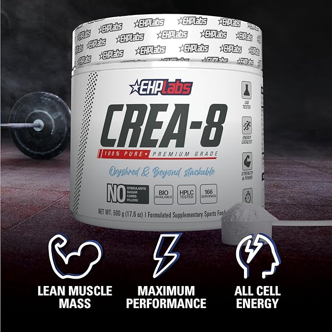 EHP Labs CREA-8 Micronized Creatine Monohydrate Powder - Creatine Powder for Muscle Growth, Increased Strength, Enhanced Energy Output and Improved Performance, Unflavored - 100 Servings (500g)