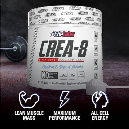 EHP Labs CREA-8 Micronized Creatine Monohydrate Powder - Creatine Powder for Muscle Growth, Increased Strength, Enhanced Energy Output and Improved Performance, Unflavored - 100 Servings (500g)