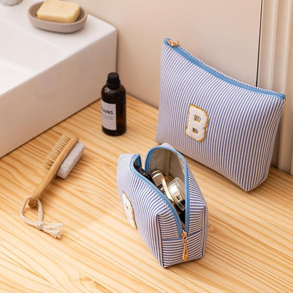 Blue Personalized Initial Makeup Bag Set, Cute Preppy Travel Toiletry Cosmetic Bags, Small Make Up Pouch, Birthday Gifts for Women, Girls, Friends, (W)