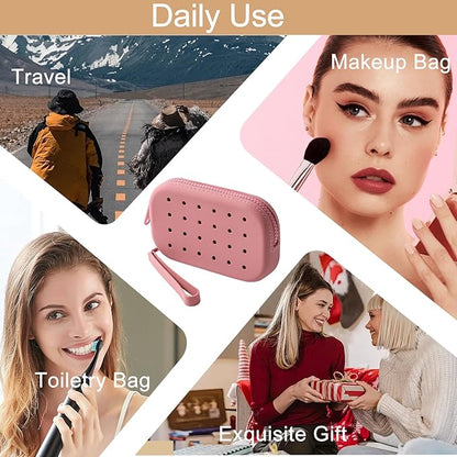 Portable Silicone Makeup Bag for Women, Small Travel Toiletry Cosmetic Bag with Decorative Holes, Zipper Closure Organizer Makeup Case with Handle (Red)