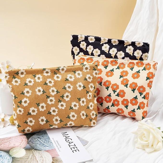 WOZEAH Floral Corduroy Makeup Bag for Purse Small Cosmetic Pouch,Stylish Zipper Make up Pouch Travel Canvas Toiletry Bags(Floral Corduroy 1)