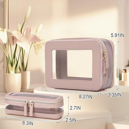 Travel Clear Makeup Bag with Brush Case TSA Approved Toiletry Bag Waterproof Cosmetic Organizer Car Essential for Women (Pink, M+SLIM)