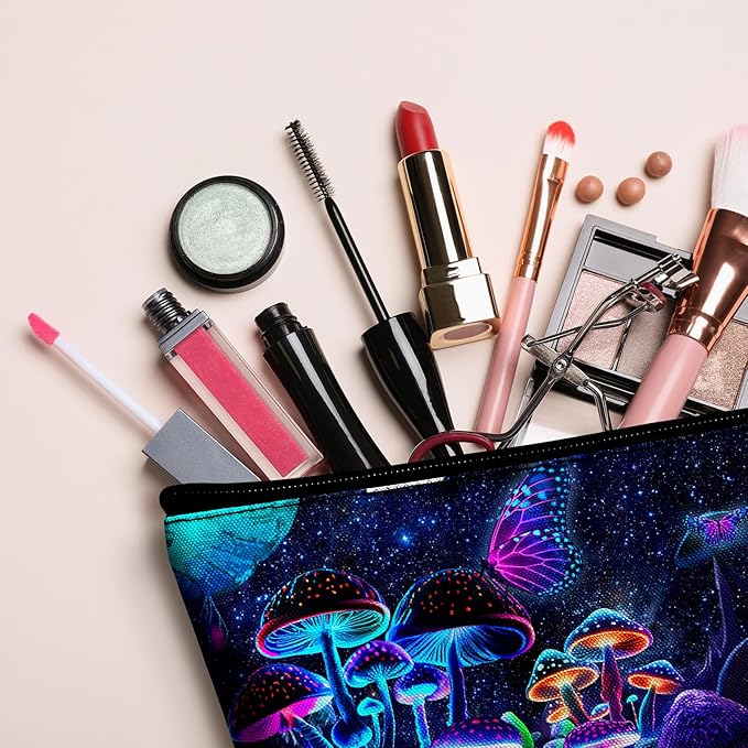 Women's Mushrooms Travel Makeup Bag Colorful Cosmetic Pouch Make Up Bags for Teens Girls Big Capacity Cosmetic Bags for Purse