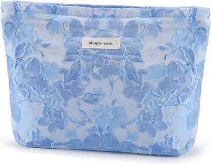 Flower Makeup Bag Travel Large Floral Cosmetic Bags Cute Makeup Pouch for Purse Zipper Embossed Blue Make up Organizer Bag Portable Toiletry Bags for Women Girls Birthday Christmas Gift