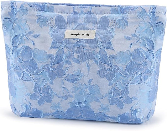 Flower Makeup Bag Travel Large Floral Cosmetic Bags Cute Makeup Pouch for Purse Zipper Embossed Blue Make up Organizer Bag Portable Toiletry Bags for Women Girls Birthday Christmas Gift