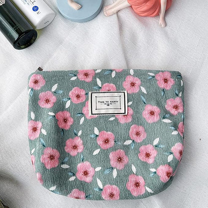 Flower Fabric Makeup Bag for Purse, Vintage Corduroy Cosmetic Pouch Bag, Portable Travel Handbag for Women Girls (Cherry)