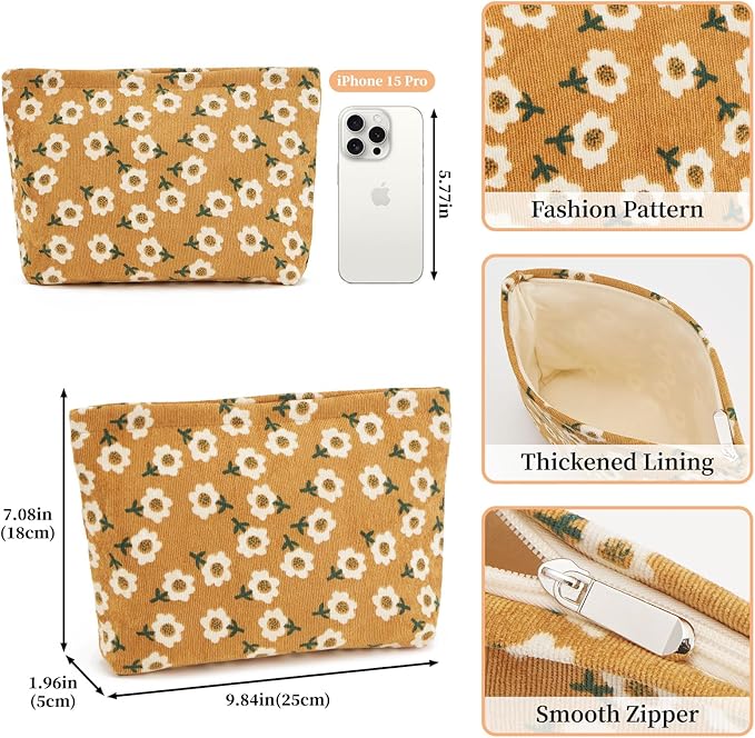 WOZEAH Floral Corduroy Makeup Bag for Purse Small Cosmetic Pouch,Stylish Zipper Make up Pouch Travel Canvas Toiletry Bags(Floral Corduroy 1)