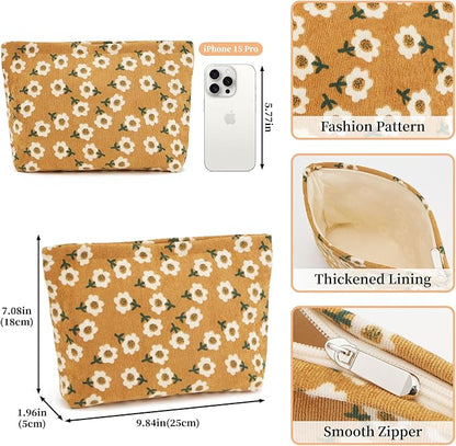 WOZEAH Floral Corduroy Makeup Bag for Purse Small Cosmetic Pouch,Stylish Zipper Make up Pouch Travel Canvas Toiletry Bags(Floral Corduroy 1)