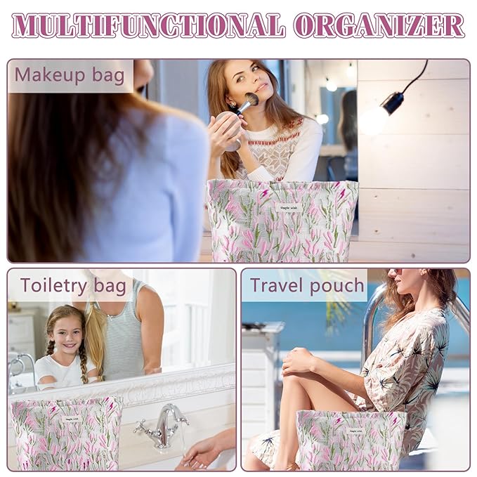 ZLFSRQ Flower Makeup Bag Travel Cute Floral Cosmetic Bags for Women Large Toiletry Pouch Zipper Cosmetic Pouch for Purse Aesthetic Embroidery Makeup Organizer Bag Portable Toiletry Bags(Green &Pink)