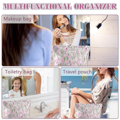 ZLFSRQ Flower Makeup Bag Travel Cute Floral Cosmetic Bags for Women Large Toiletry Pouch Zipper Cosmetic Pouch for Purse Aesthetic Embroidery Makeup Organizer Bag Portable Toiletry Bags(Green &Pink)