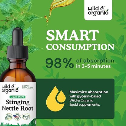 Wild & Organic Stinging Nettle Root Drops - Stinging Nettle Extract Tincture - Alcohol Free Nettle Supplement - Vegan, Sugar Free - 2 fl oz