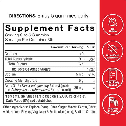 FORCE FACTOR Creatine Gummies, Creatine Monohydrate for Muscle Gain, More Strength, and Faster Recovery, Clinically Studied Creatine 5g Dose, Assorted Fruit Flavors, 30 Servings