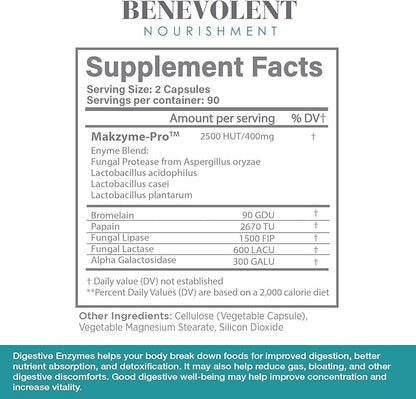 High Fiber Digestive Enzymes Supplement - 180 Capsules, Proprietary 2500HUT Makzyme-Pro Blend Probiotics Plus Papaya, Bromelain, Multi Natural Extracts for Healthy Digestion & Bloating Reduction
