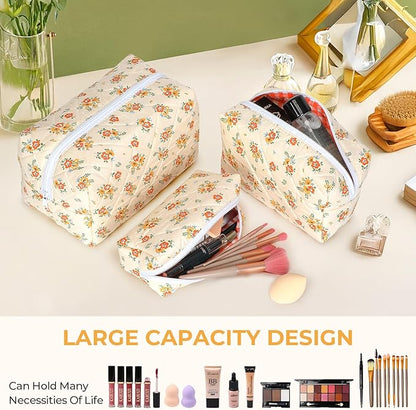 Quilted Makeup Bag Set,Large Floral Cosmetic Pouch For Women,Cute Cotton Brushes Storage Travel Toiletry Organizer Bags(Orange Floral)