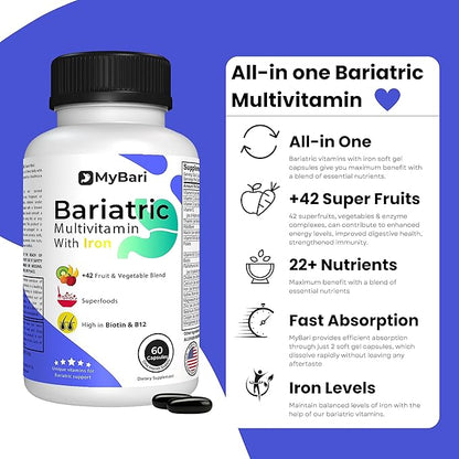 All-in-One Bariatric Multivitamin with Iron - Made in USA - for Men & Women - Supports Gastric Sleeve & Bypass with 42+ Fruit & Veggie Blend - 60 Liquid Capsules