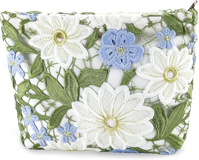 Flower Makeup Bags Travel Large Floral Cosmetic Bag for Women Cute Makeup Pouch Zippered Portable Toiletry Bag Lace Trendy Aesthetic Make up Organizer Bag Cosmetic Pouch for Purse