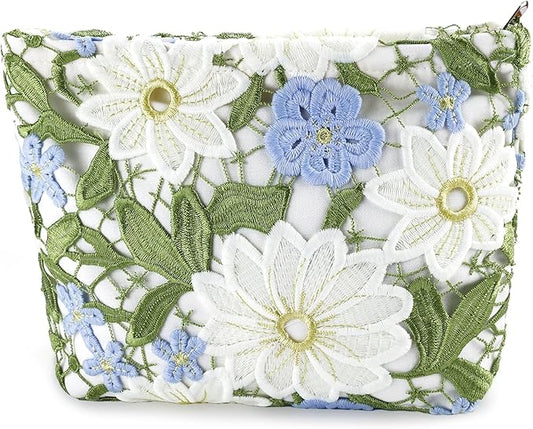Flower Makeup Bags Travel Large Floral Cosmetic Bag for Women Cute Makeup Pouch Zippered Portable Toiletry Bag Lace Trendy Aesthetic Make up Organizer Bag Cosmetic Pouch for Purse