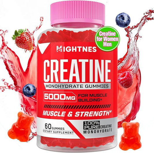 Creatine Monohydrate Gummies for Men & Women - 5000mg Creatine Pre-Workout Gummies with Taurine & Vitamin B6 B12 for Maximum Strength, Muscle, Energy, Endurance & Focus, Organic, Vegan-60 Count