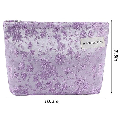 ZLFSRQ Daisy Flower Makeup Bag Travel Cute Floral Cosmetic Bags for Women Large Toiletry Pouch Zipper Cosmetic Pouch for Purse Aesthetic Embroidery Purple Makeup Organizer Bag Portable Toiletry Bags