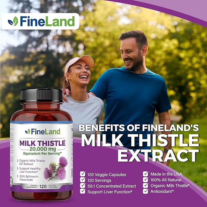 FineLand MILK THISTLE SILYMARIN Extract 50:1, Max Strength 20,000mg Eq Per Capsule, Liver Cleanse Detox, Liver Health Support Supplement, Antioxidant,120 Veggie Caps, 4 Months’ Supply, Vegan, Natural.