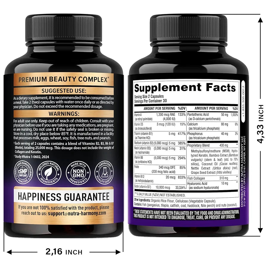NUTRAHARMONY Biotin | Collagen | Keratin - Clinically Tested Supplement - Hair Growth Support, Skin & Nails - 25000 mcg Vitamins B2, B3, B6 & B7 + B1 & Hyaluronic Acid - Made in USA - Women & Men | 60 Capsules