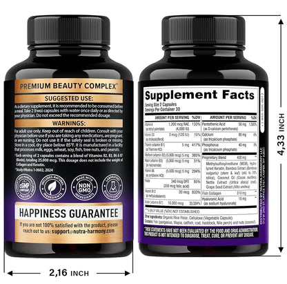 NUTRAHARMONY Biotin | Collagen | Keratin - Clinically Tested Supplement - Hair Growth Support, Skin & Nails - 25000 mcg Vitamins B2, B3, B6 & B7 + B1 & Hyaluronic Acid - Made in USA - Women & Men | 60 Capsules