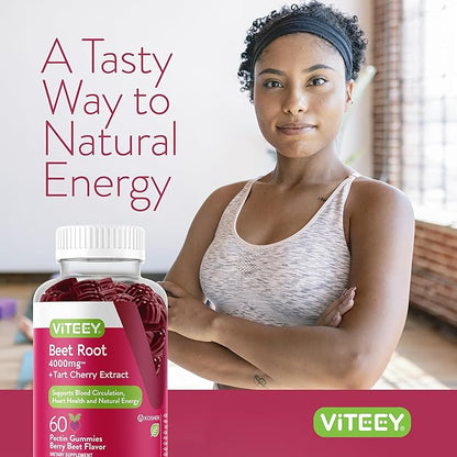 Beet Root Gummies 4000mg with Tart Cherry - for Healthy Blood Pressure Support - Vegan, Gelatin Free, Gluten Free - Tasty Chewable Berry Beet Flavored Gummy