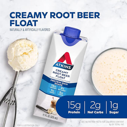 Atkins Protein Rich Shake, Creamy Root Beer Float, High Protein, Low Glycemic, Gluten Free Liquid, - keto, 12 Count (3 Packs each with 4 Shakes)