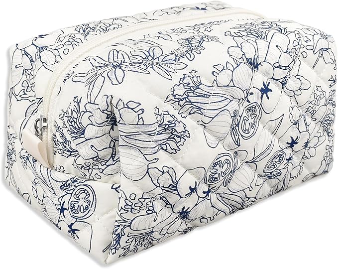 Quilted Makeup Bag,Small Travel Floral Cosmetic Bag Cute Pouch,Cotton Makeup Brushes Storage Bag for Women