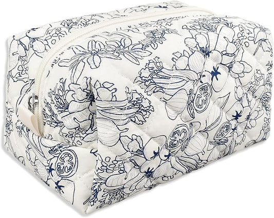 Quilted Makeup Bag,Small Travel Floral Cosmetic Bag Cute Pouch,Cotton Makeup Brushes Storage Bag for Women