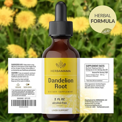 HERBAMAMA Dandelion Root Extract - Dandelion Tincture Vegan Liver Support Supplements - Dandelion Root Liver and Kidney Detox Drops - Alcohol & Sugar-Free, 28-Day Supply