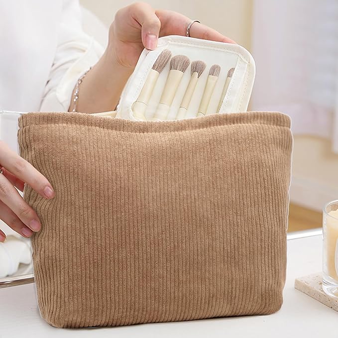 Corduroy Makeup Bag Cosmestic Bag Large Capacity Ladies Women Aesthetic Make Up Organizer Accessories Zipper Pouch Purse （Khaki+Beige Cheese）