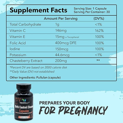 Birth Control Cleanse, Fertility Support & Hormone Balance for Women with Folic Acid, Vitamin C, Vitamin E, Iodine, Potassium, and Chasteberry Extract, 30 Capsules