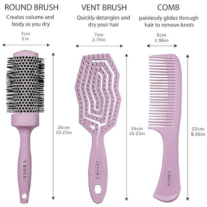 Fiora Naturals Bio-friendly Hair Detangler, Round Brush, and Comb Set for Women - All Hair Types: Natural, Fine & Curly - Ideal for Detangling and Blow Drying