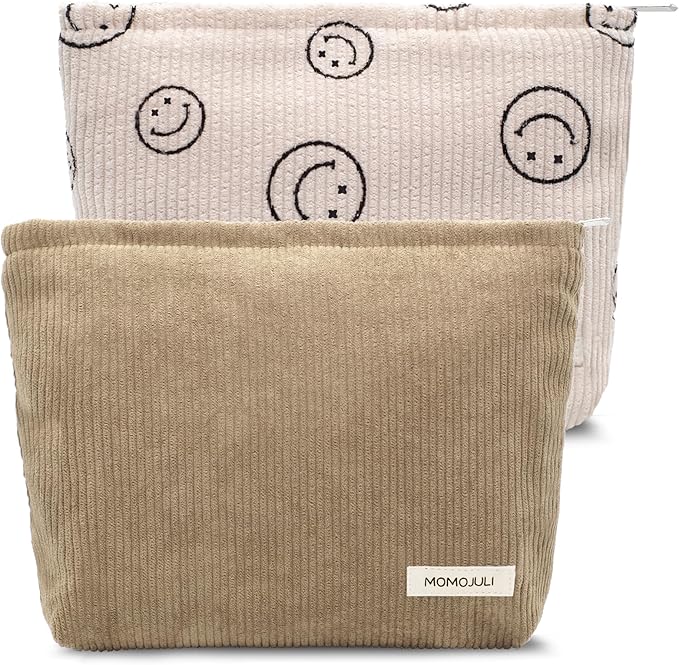 Corduroy Makeup Bag Cosmestic Bag Large Capacity Ladies Women Aesthetic Make Up Organizer Accessories Zipper Pouch Purse （Beige+Light Khaki）