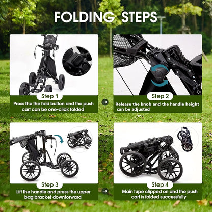 Golf Push Cart 4-Wheels,Folding Golf Cart, Golf Pull cart with Cup Holder,Umbrella Holder,Cooler Bag, Foldable with one-Click,Handle Height Adjustable,Drink Holder,Walking Push cart