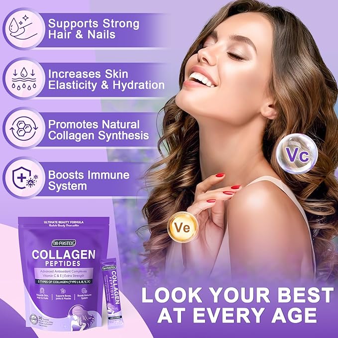 Collagen-Peptides-Powder-Packets - Multi Type I II III V X Collagen for Women with Antioxidant Blend + Vitamin C & E for Skin, Hair, Nail & Joint, Non-GMO, 30 Stick Packs