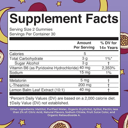 MaryRuth Organics Melatonin 5mg Sleep Gummy with L-Theanine | Lemon Balm | Vitamin B6 | Sugar-Free | Relaxation | Vegan | Non-GMO | Gluten Free | 60 Count