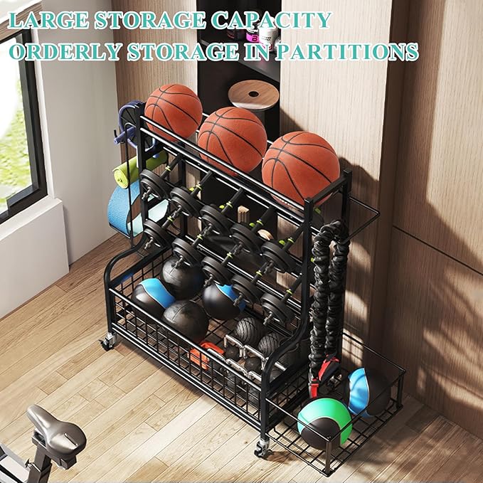 Dumbbell Rack, Weight Rack for Kettlebells, Heavy-Duty Home Gym Storage Rack for Yoga Mat and Workout Equipment, Storage Holder with Wheels, Hooks and Mesh Top