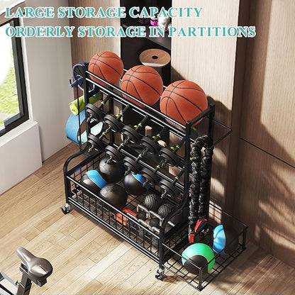 Dumbbell Rack, Weight Rack for Kettlebells, Heavy-Duty Home Gym Storage Rack for Yoga Mat and Workout Equipment, Storage Holder with Wheels, Hooks and Mesh Top