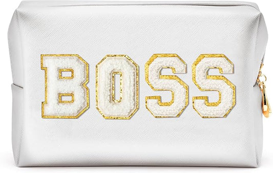 CY2SIDE White BOSS Letter Patch Makeup Bag Gifts for Women PU Leather Patch Cosmetic Bag with Chenille Letter for Travel Waterproof Portable Zipper Big Organizer for Boss's Day Gifts